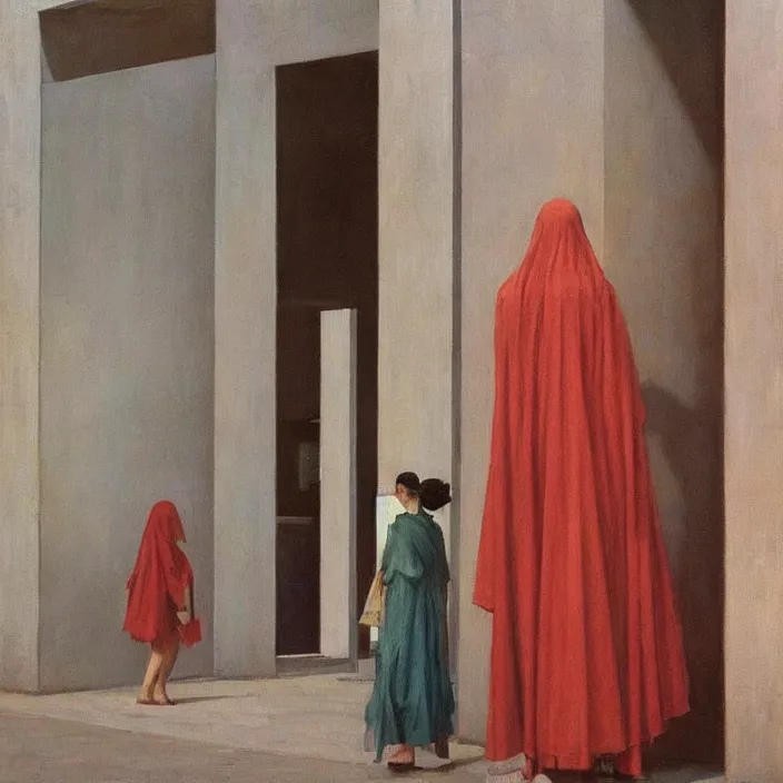 Prompt: woman in transparent robes, short skirt, in magnificent shopping mall, oil painting by edward hopper, zdislav beksinski, wayne barlowe