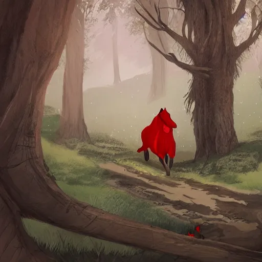 Image similar to a little red riding a horse through a forest, a storybook illustration by nina tryggvadottir, pixiv contest winner, environmental art, 2 d game art, storybook illustration, concept art