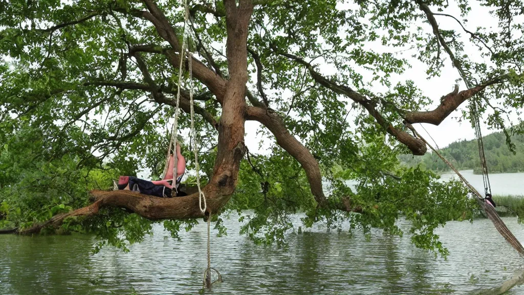 Prompt: our house in the lake had a large tree swing into the lake, my dog was the best rope swinger of all of us and spent the most time on it.