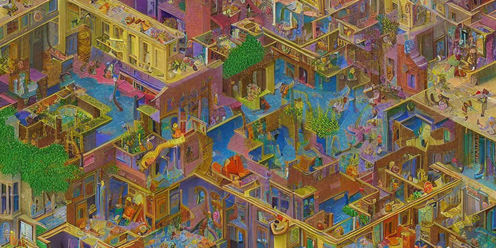 Prompt: virtual art museum in a 9 0's video game in the style of mc escher and heironymus bosch, colorful intricate masterpiece, hyper detailed, hd, sharp focus