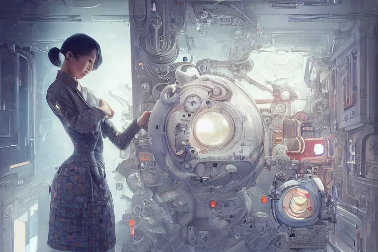 Image similar to hyperrealistic photography of a machine entering a female host in the style of Jin Kagetsu, James Jean and wlop, highly detailed, sharp focus, intricate concept art, digital painting, ambient lighting, 4k, artstation