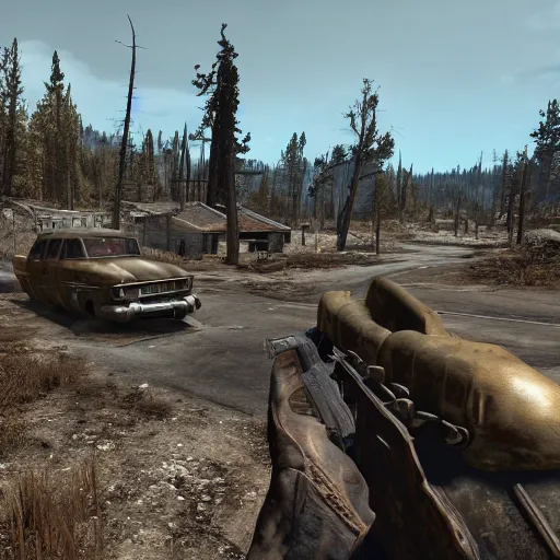 Image similar to Yellowstone national park in ruins post-nuclear war in Fallout 4, in game screenshot