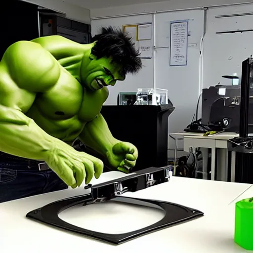 Prompt: the hulk tinkering with his new 3d printer