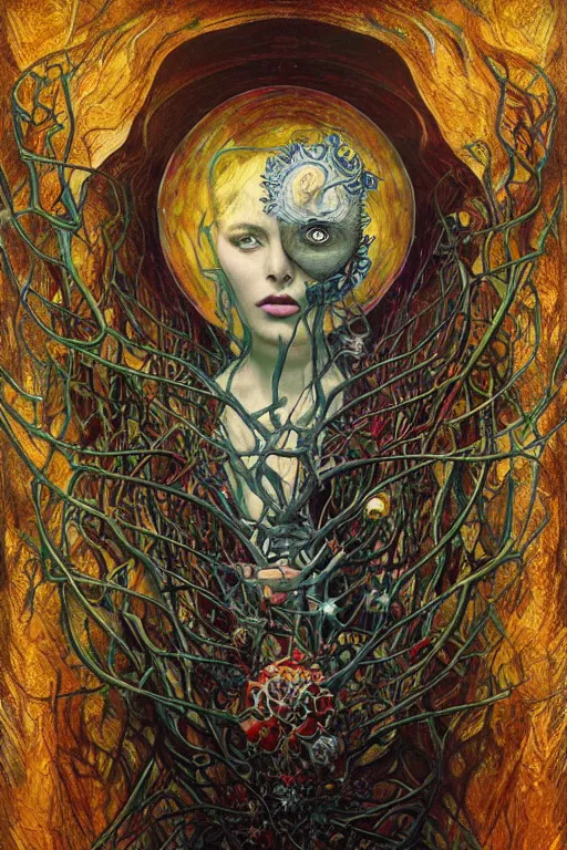 Image similar to Heart of Thorns by Karol Bak, Jean Deville, Gustav Klimt, and Vincent Van Gogh, Surreality, otherworldly, infernal enigma, Helliquary, fractal structures, celestial, arcane, ornate gilded medieval icon, third eye, spirals, dramatic sharp thorns, rich deep moody colors