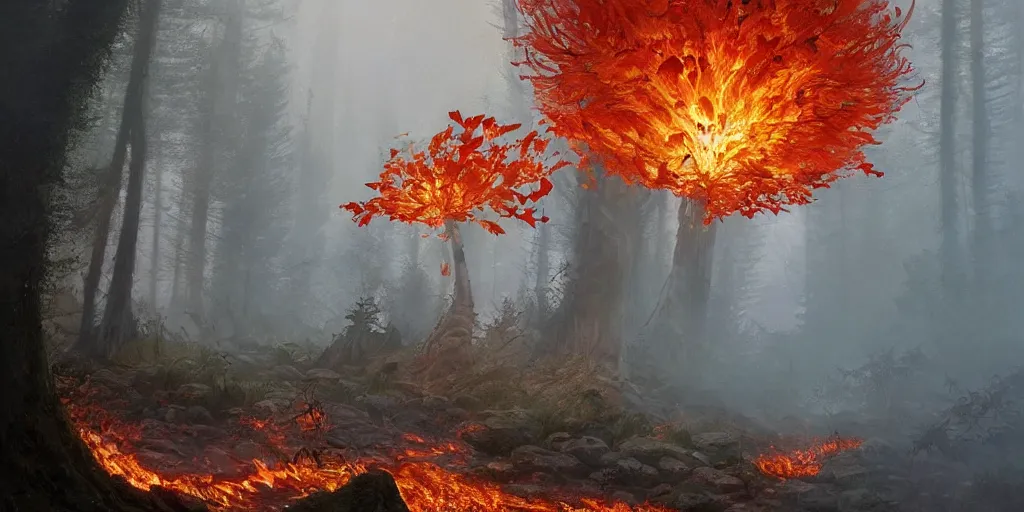 Image similar to A flaming forest , flaming leaves,fire ,Magma,flame stones are scattered, flame ferns, flame shrubs, huge flame Fantasy plant,covered in flame porcelain vine, artstation,by Jakub Rozalski