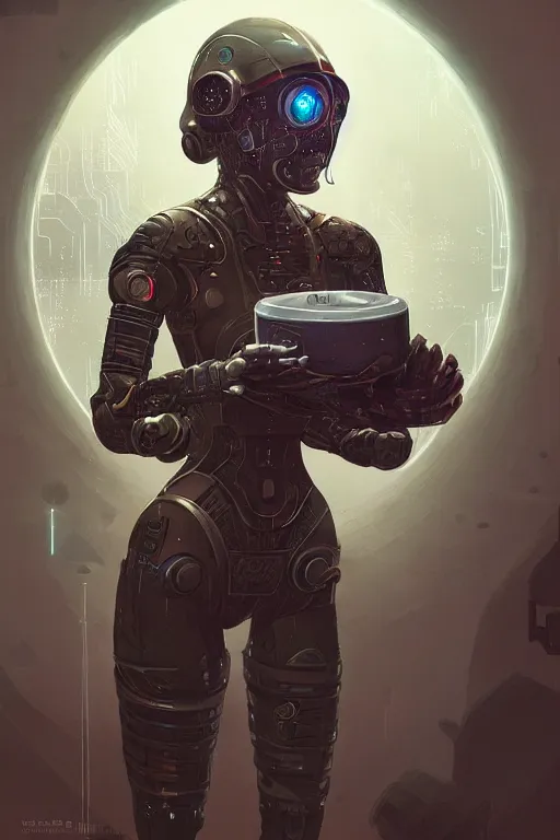 Image similar to sci fi illustration babuska android cyborg in the kitchen, cyberpunk, sci-fi fantasy, intricate, elegant, highly detailed, digital painting, artstation, concept art