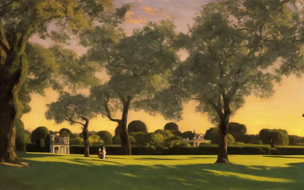 Image similar to a small country house, a small country house, an elderly couple under an avenue of roses, sunset, highly detailed, cinematic lighting, perfect composition, 4 k, edward hopper