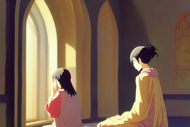 Prompt: anime key visual of young girl in small monastery in the year 1 2 5 0, praying to statue of god, style of jamie wyeth james gilleard edward hopper greg rutkowski acrylic painting, oil on canvas, preserved museum piece, historical