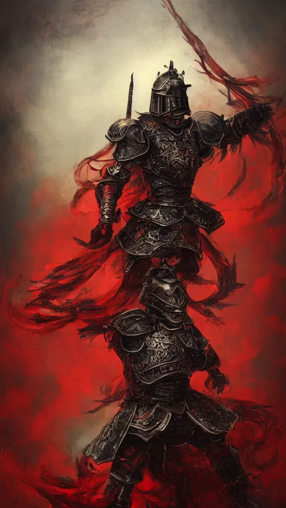 Prompt: a general in Dark steel armour from Ming dynasty, China meet a scarlet red Phoenix on a high bronze platform draw by Art station artist Anato Finnstark, flourishing oil painting texture, rainy and foggy atmosphere , Bottom view