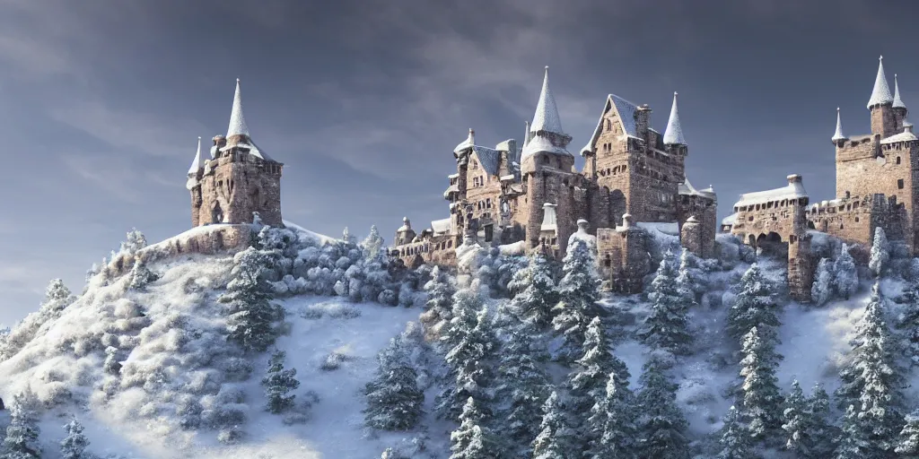 Image similar to an ancient castle on a snowy mountain, high detail, high definition, photorealistic, 8k