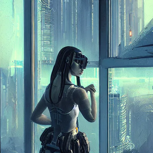 Image similar to portrait of cyberpunk woman looking out of a window, cyberpunk setting, futuristic, highly detailed, intricate lighting, digital painting, sharp focus, illustration, trending on artstation, art by marc simonetti.