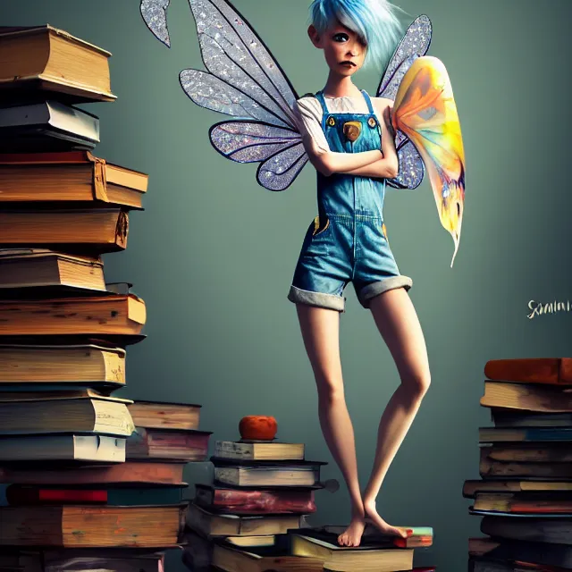 Image similar to full body pose, beautiful adult fairy, pixar, short white hair shaved sides, dirty, grungy, grunge, long sleeve, painted overalls, stacks of giant books, by sakimichan, highly detailed, 4 k, hdr, smooth, sharp focus, high resolution, award - winning photo, artgerm, photorealistic