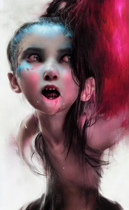 Image similar to insanely detailed full body 3 d portrait of girl with pouty aerochrome ( ( ( lips ) ) ), powerful, adorable, expressive eyes, big evil grin, kawaii playful pose of a dancer, greg rutkowski, charlie bowater, yuumei, stephen gammell, unreal 5, daz, hyperrealistic, dark, dynamic lighting, fantasy art, beautiful face