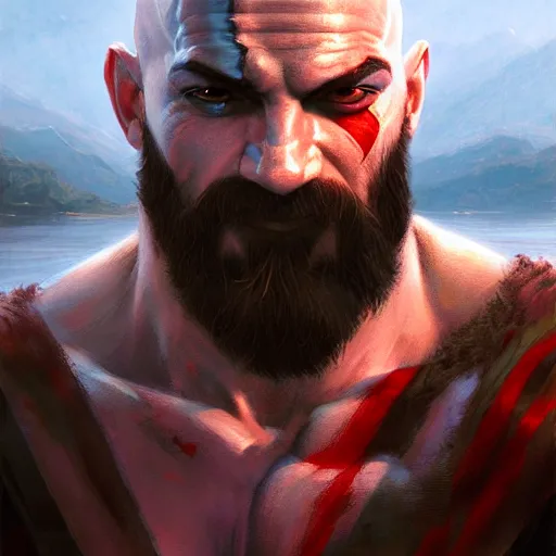 Image similar to kratos closeup portrait, dramatic light, lake background, 2 0 0 mm focal length, painted by stanley lau, painted by greg rutkowski, painted by stanley artgerm, digital art, trending on artstation