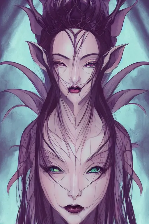 Image similar to concept art painting of a demonic evil elegant beautiful elf queen, moody vibe, moody lighting, artgerm, moebius, inio asano, toon shading, cel shading, calm, tranquil, vaporwave colors,