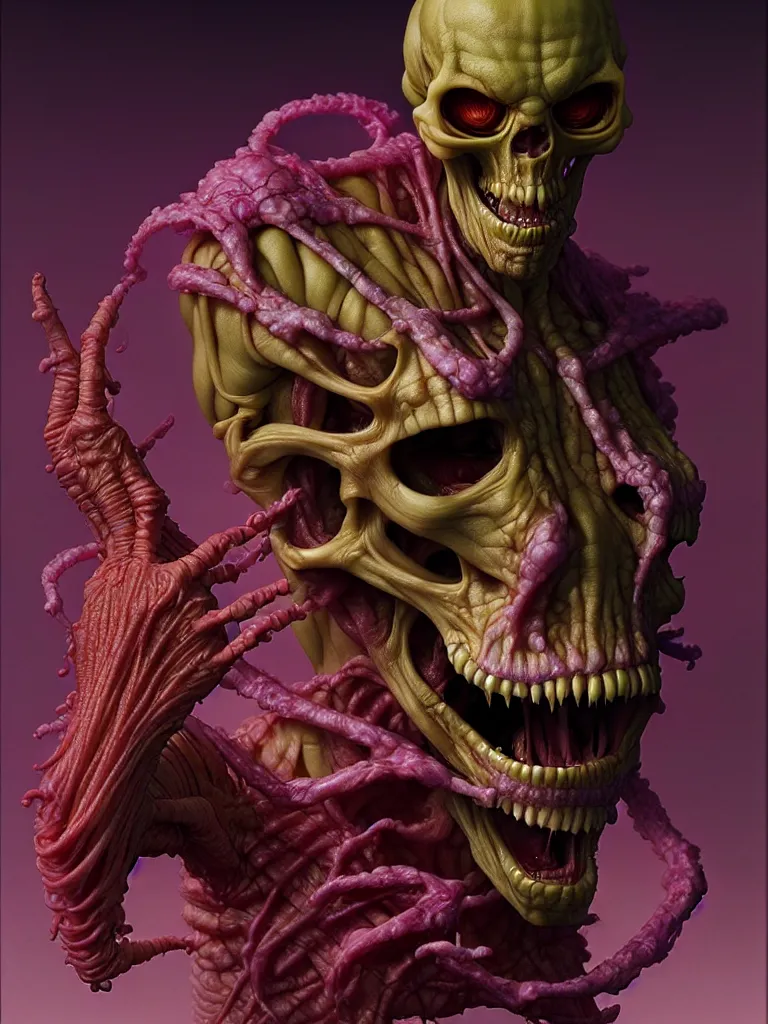 Image similar to hyperrealistic rendering, fat smooth cronenberg flesh monster skeletor by donato giancola and greg rutkowski and wayne barlow and zdzisław beksinski, product photography, action figure, sofubi, studio lighting, colored gels