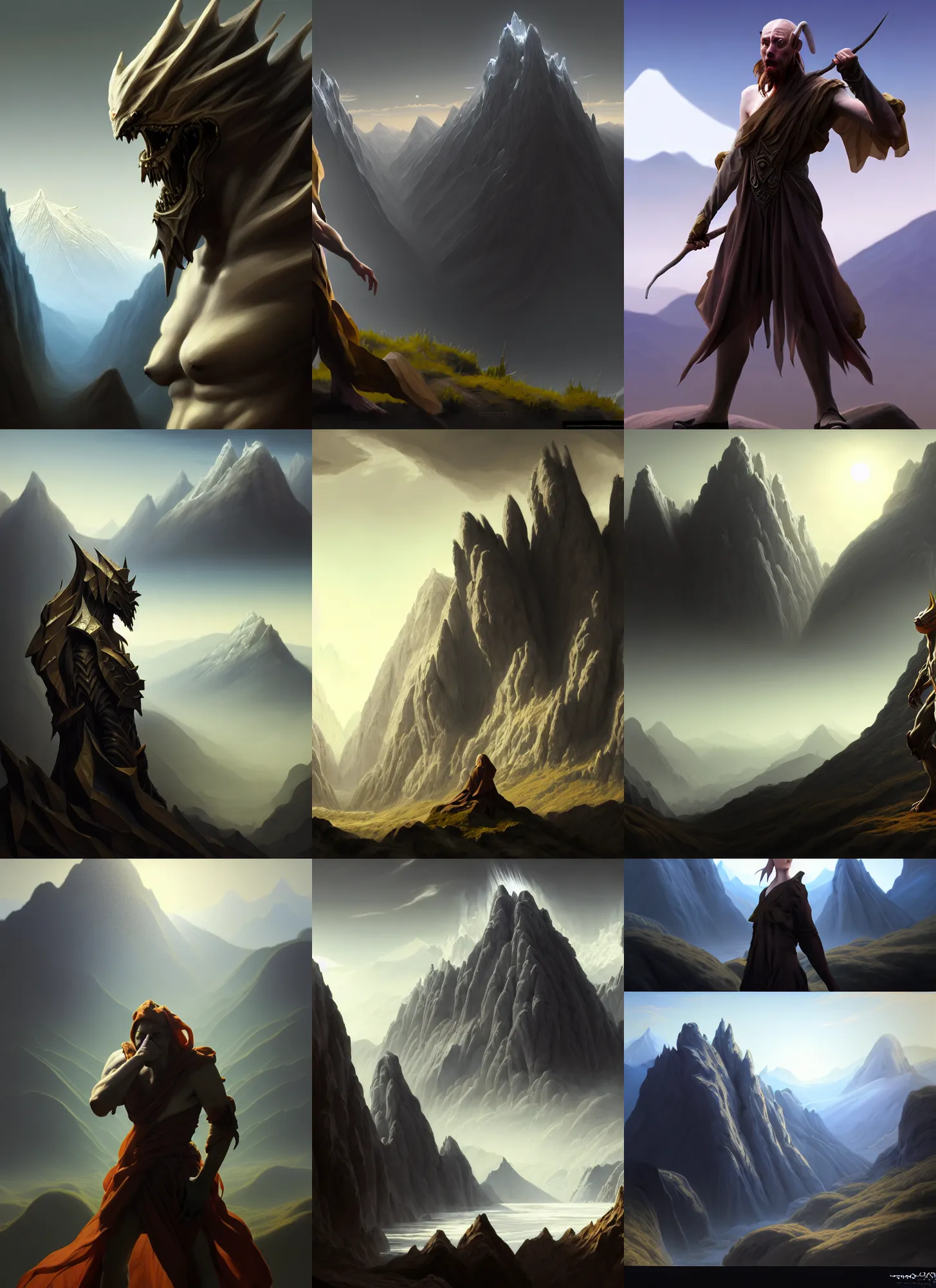 Prompt: costume design made by complexity, sophisticated composition, old masters light composition, procedurally generated, drama creature character posing for concept art, dramatic mountains behind, substance designer, PBR, HD, Ultra detailed, hyperrealistic, megascans, volumetric light, concept by master artist, made in paint tool SAI2, trending pixiv aesthetic face