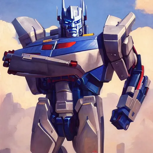 Image similar to greg manchess portrait painting of optimus prime as overwatch character, medium shot, asymmetrical, profile picture, organic painting, sunny day, matte painting, bold shapes, hard edges, street art, trending on artstation, by huang guangjian and gil elvgren and sachin teng