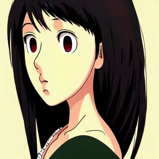 Image similar to beautiful mexican woman, tall, dark skin, septum piercing and nose ring, prominent cheek bones, black hair and brown eyes, studio ghibli art style, art by hayao miyazaki, makoto shinkai