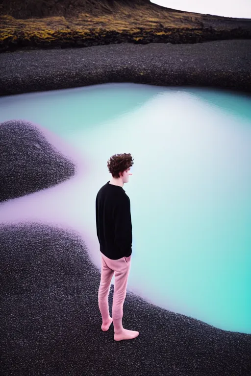 Image similar to high quality pastel coloured film mid angle docu photograph of a beautiful young 2 0 year old male, soft features, short black hair, oversized clothing, next to icelandic black rock pool environment. atmospheric. three point light. photographic. art directed. ( pastel colours ). volumetric light. clearcoat. waves glitch. 8 k. filmic.