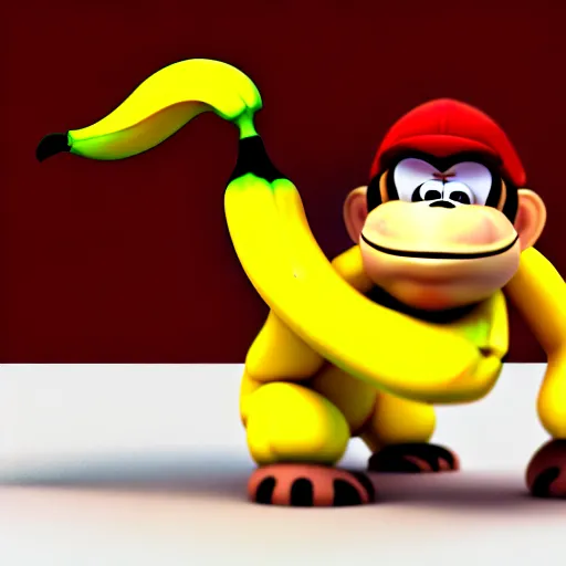 Image similar to Donkey Kong stepping on a banana. The banana is on the ground, Donkey Kong is above the banana. 3D render