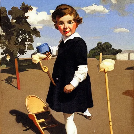 Prompt: painting by leyendecker of a kid with ice cream, black clothes, in the playground, away from the camera, full body