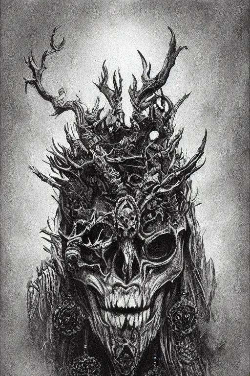 Image similar to ancient slavic tribal shaman animal skull mask demon head album cover hyper detailed concept art sheet crosshatch sketch illustration art style by Jonathan Wayshak and Toshihiro Egawa and Zdizslaw Beksinski and Artstation trending 8k