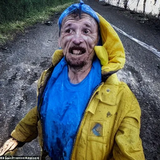 Image similar to last selfie of last alive of frightened funny damaged to bones ukrainian in dirty yellow and blue rags that trying to escape from a huge nuclear explosion at background