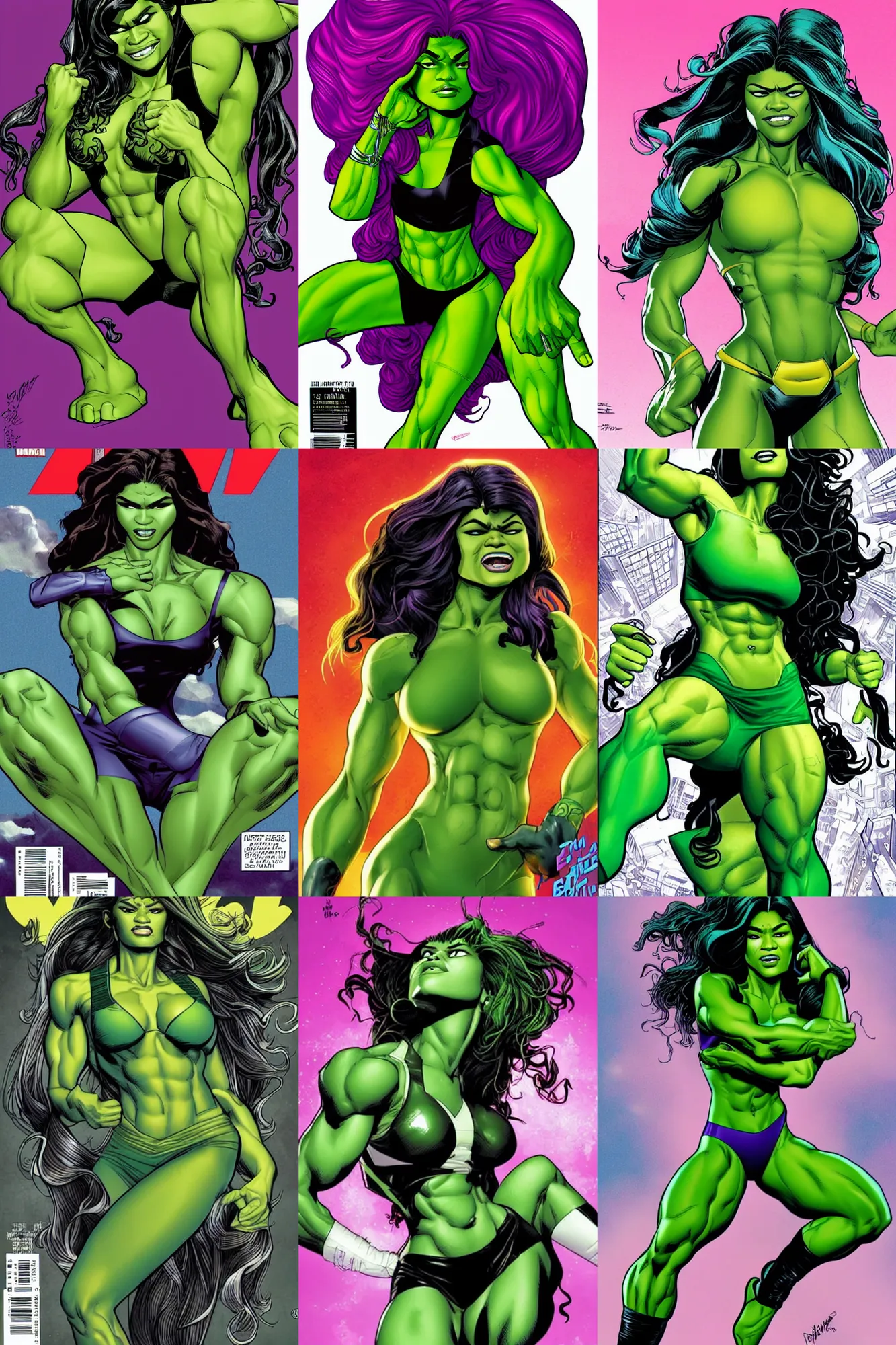 Prompt: Zendaya as She-Hulk, long hair, stunning figure, alt cover illustration beautiful