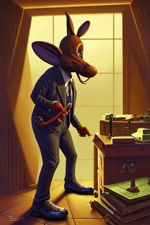 Prompt: classic oil painting, an anthropomorphic bipedal rabbit that is dressed as a police detective, as a dnd character, inside the evidence room, cottagecore, highly detailed, digital illustration, concept art, smooth, sharp focus, art by tim hildebrandt, and greg hildebrandt