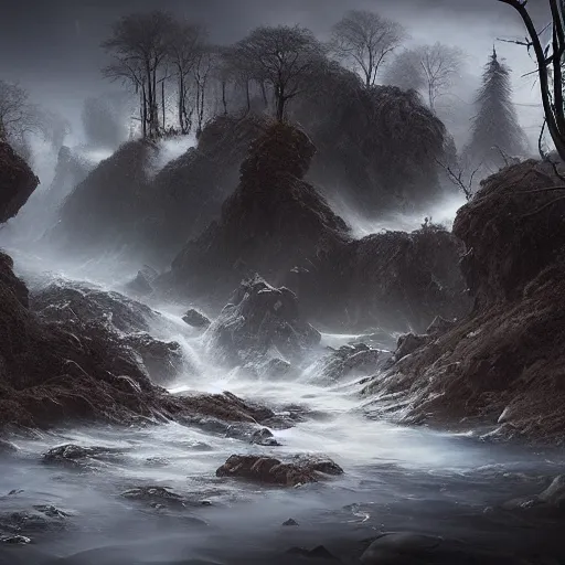 Prompt: michal karcz painting of beautiful landscape. , horror theme, detailed, elegant, intricate, 4k,