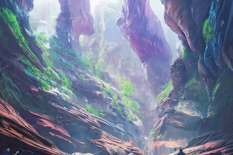 Image similar to futuristic cyberpunk city with lush garden located on rgb Antelope canyon, rocks formed by water erosion, beautiful smooth sandstone in unique shapes with light beams that shine through its walls, polish narrow slots of walls into a striated swirling finish, digital painting, concept art, smooth, sharp focus, from Star Trek 2021, illustration, by WLOP and Ruan Jia and Mandy Jurgens and William-Adolphe Bouguereau, Artgerm