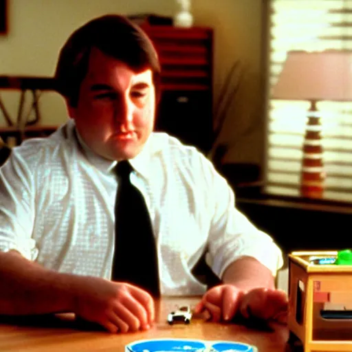 Prompt: clean - shaven chubby white man wearing a shirt and necktie sitting at a desk playing with a micro machine car, playful, 1 9 8 9 movie still, cinematography, cinematic lighting