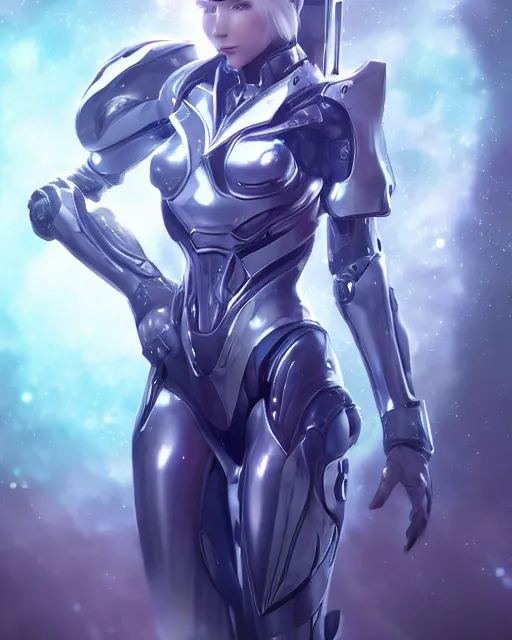 Image similar to perfect android girl on a mothership, warframe armor, beautiful face, scifi, futuristic, galaxy, nebula, raytracing, dreamy, long white hair, blue cyborg eyes, sharp focus, cinematic lighting, highly detailed, artstation, divine, by gauthier leblanc, kazuya takahashi, huifeng huang