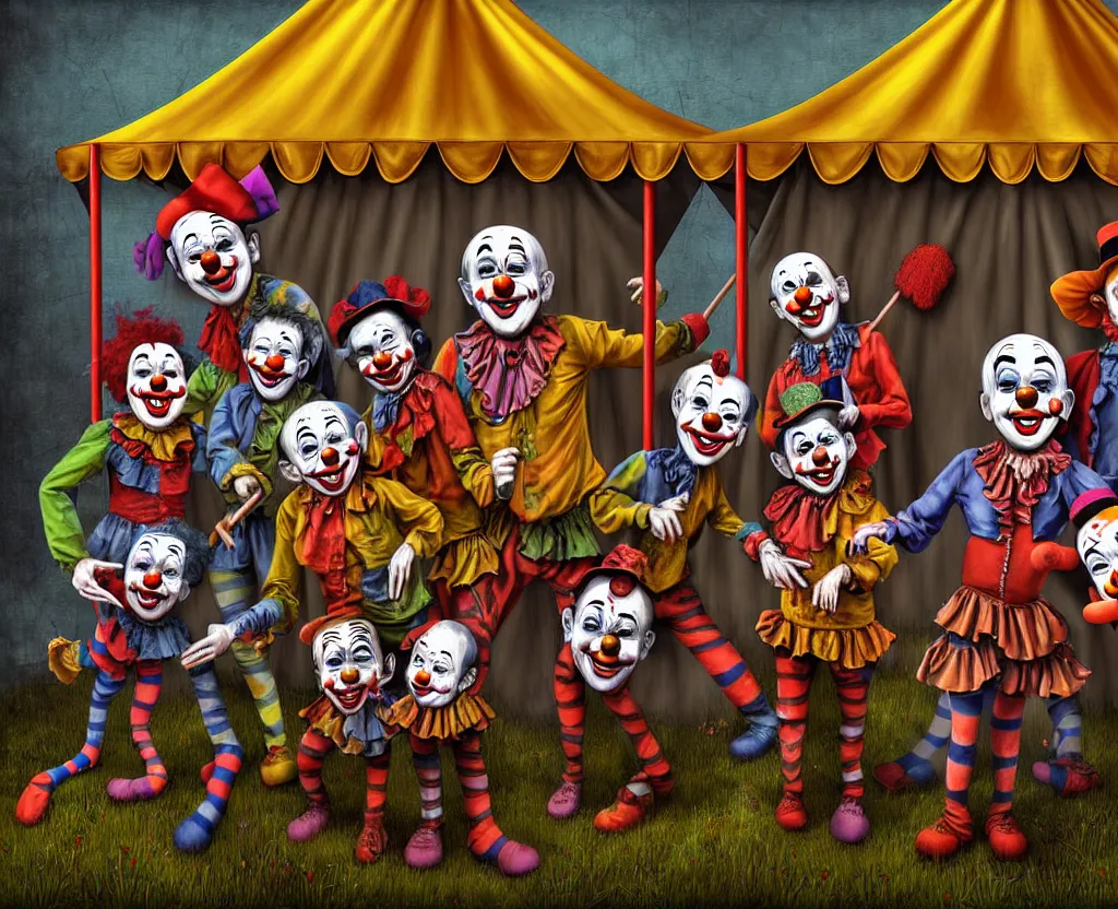 Image similar to dirty - looking clowns with unseemly intentions lining up at the entrance to a suspicious circus tent, disturbing digital painting, high detail