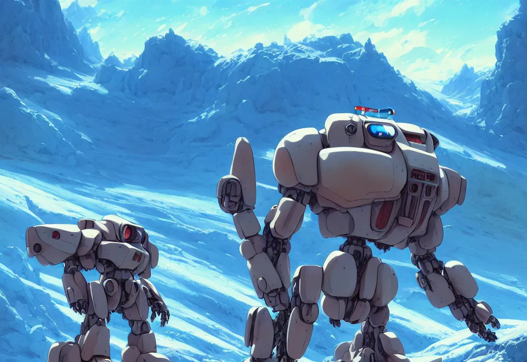 Prompt: a small chubby mecha on a glacier on an alien planet, intricate oil painting, high detail illustration, sharp high detail, manga and anime 1 9 9 9, official fanart behance hd artstation by jesper ejsing and makoto shinkai, 4 k,