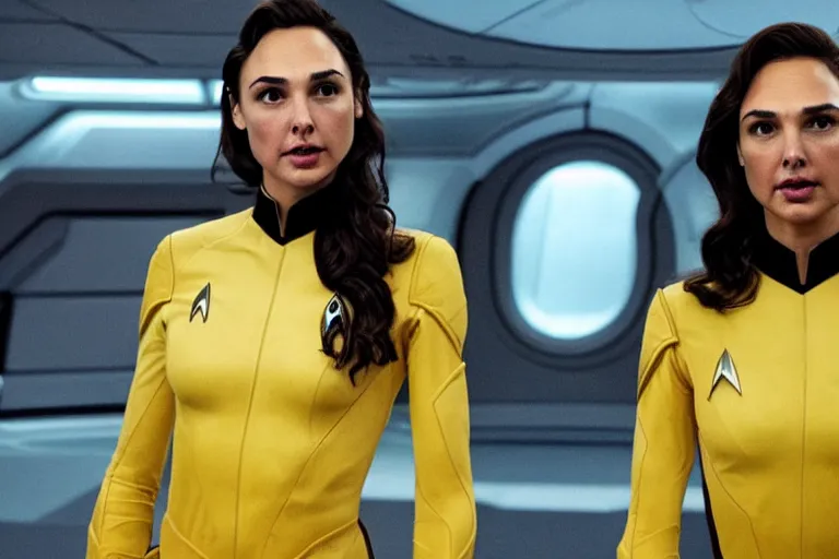 Image similar to Gal Gadot, wearing a yellow uniform, is the captain of the starship Enterprise in the new Star Trek movie