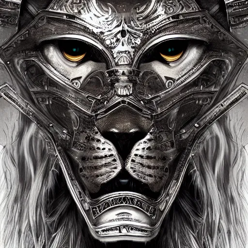 Prompt: Very very very very highly detailed epic photo of face with shocked lion venetian mask, intricate, dystopian, sci-fi, extremely detailed, digital painting, artstation, concept art, smooth, sharp focus, illustration, intimidating lighting, incredible art by Artgerm and Vincent di Fate