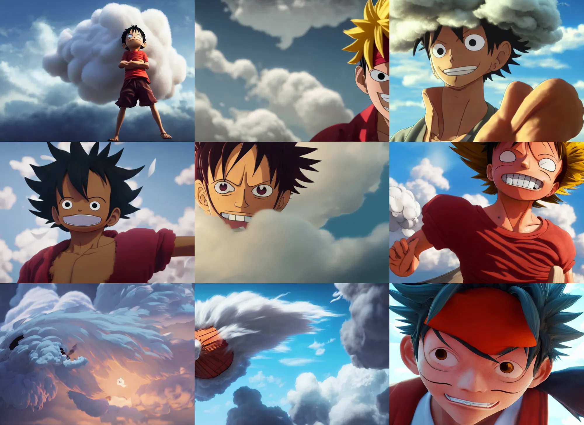 Prompt: Luffy turning into a cloud with a hair made of clouds. his new power GEAR 5, close up shot, studio Ghibli, Pixar and Disney animation, sharp, Rendered Unreal Engine 5, film key art, Greg Rutkowski, Bloom, dramatic lighting