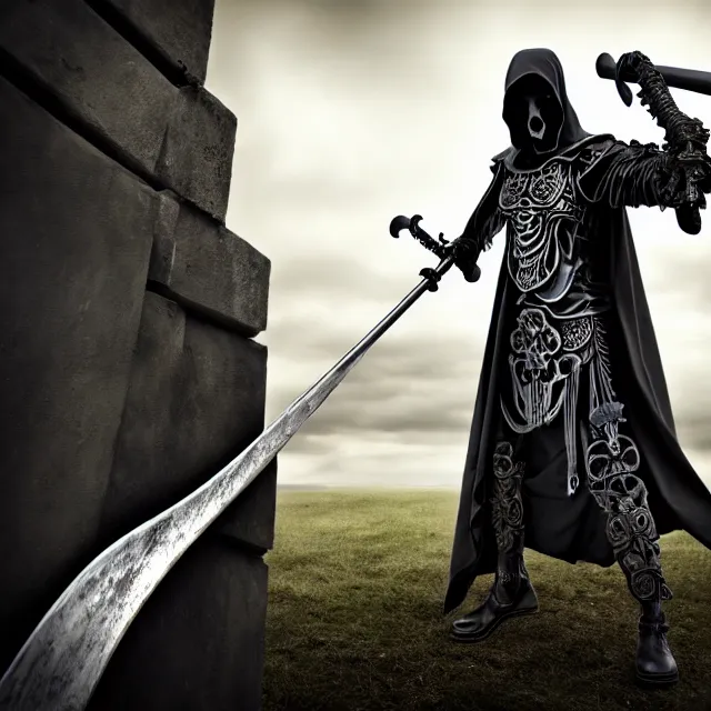 Image similar to armoured grim reaper with ornate scythe, highly detailed, 4 k, hdr, close up, portrait, smooth, sharp focus, high resolution, award - winning photo