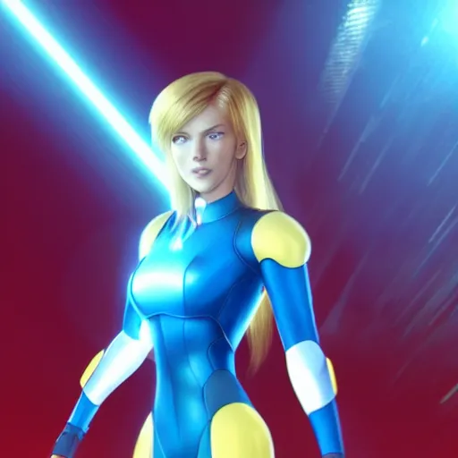 Prompt: scarlett johansson as zero suit samus, 4 k photorealistic film still, sci - fi blue atmosphere, shiny lens flare,