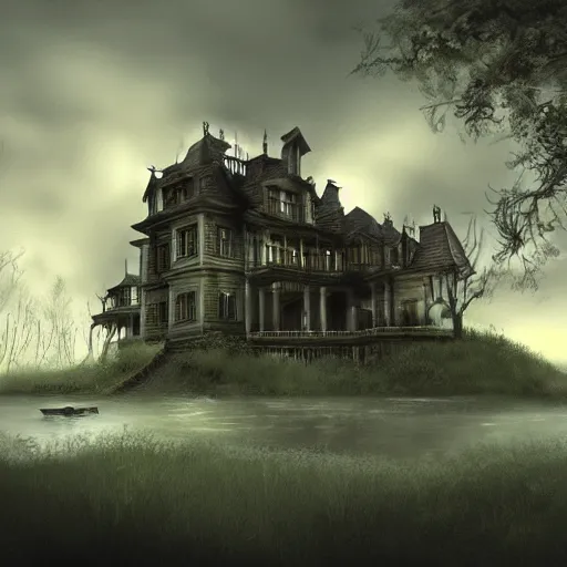 Image similar to spooky mansion on an island in an inland lake in the woods, digital art, artstation