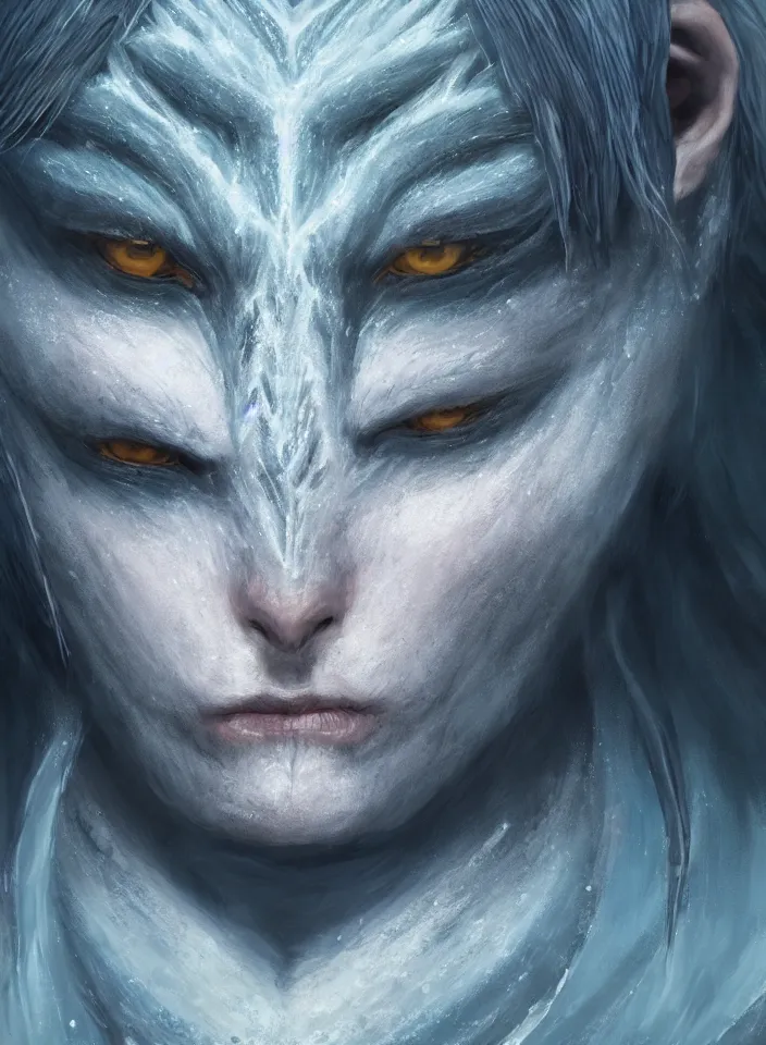 Prompt: a face portrait of an ice troll from skyrim, fantasy setting, beautiful face, serene colors, soft lighting, atmospheric, cinematic, moody, in the style of diego koi, gina heyer, luiz escanuela, art by alyssa monk, hyperrealism, rule of thirds, golden ratio, oil on canvas, 8 k