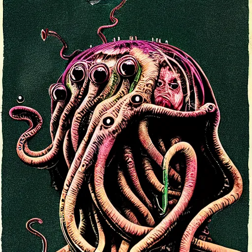 Image similar to graphic illustration, creative design, cthulhu, biopunk, by ralph steadman, francis bacon, hunter s thompson, highly detailed, mixed media