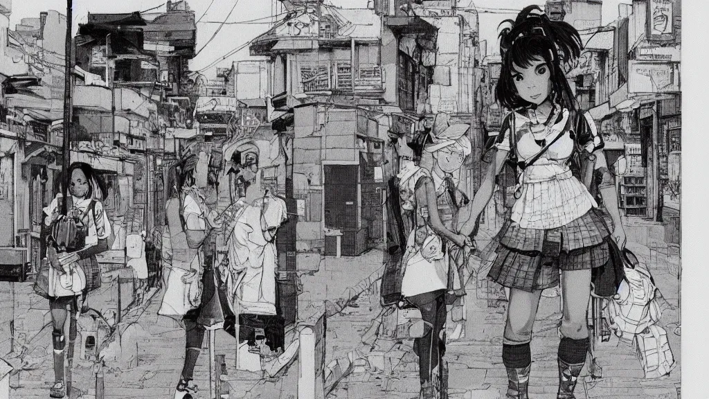 Prompt: cute schoolgirl walk in ghetto, in style of katsuya terada,, 8 k, hyper detailed.