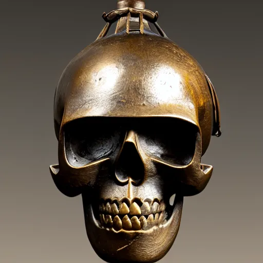 Image similar to skull with a ancient japanese samurai helmet, old bronze statue, intricate detail, full shot, museum lighting, ultra detailed,