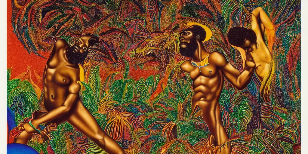 Image similar to an abstract tropical landscape, portrait of a dark - skinned greek god dancing. 2 4 mm, photorealistic, directed by mati klarwein