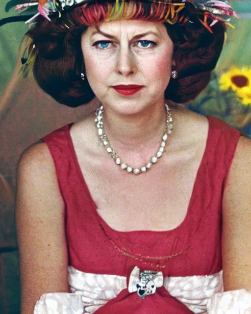 Image similar to a portrait of a 1 9 6 0 s hippie looking like queen elizabeth