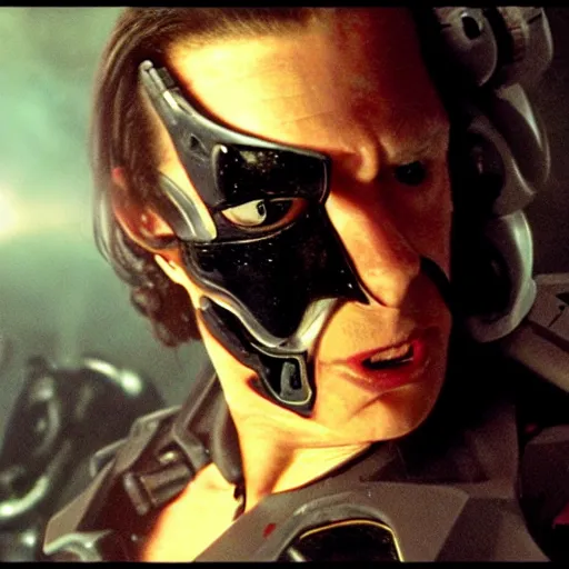 Image similar to movie still of a villain cyborg, facial expression, cinematic composition, cinematic light, surreal cinema, by edgar wright and david lynch,