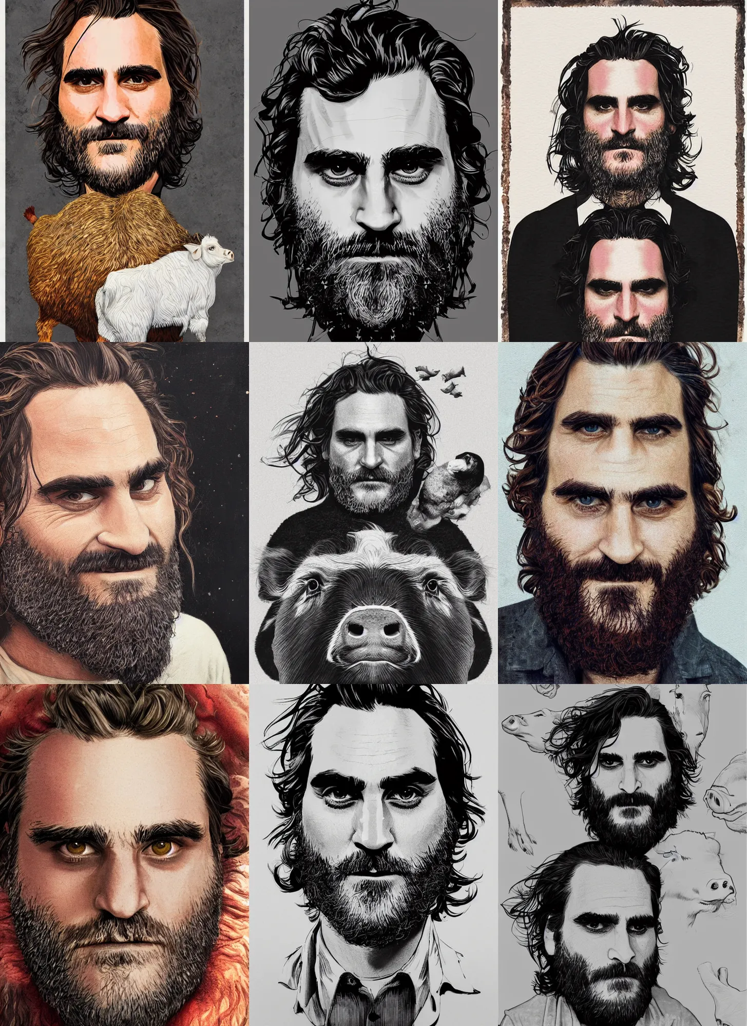 Prompt: a hyper detailed full face portrait of joaquin phoenix as the king of animals, cow, pig, sheep, chicken, horror